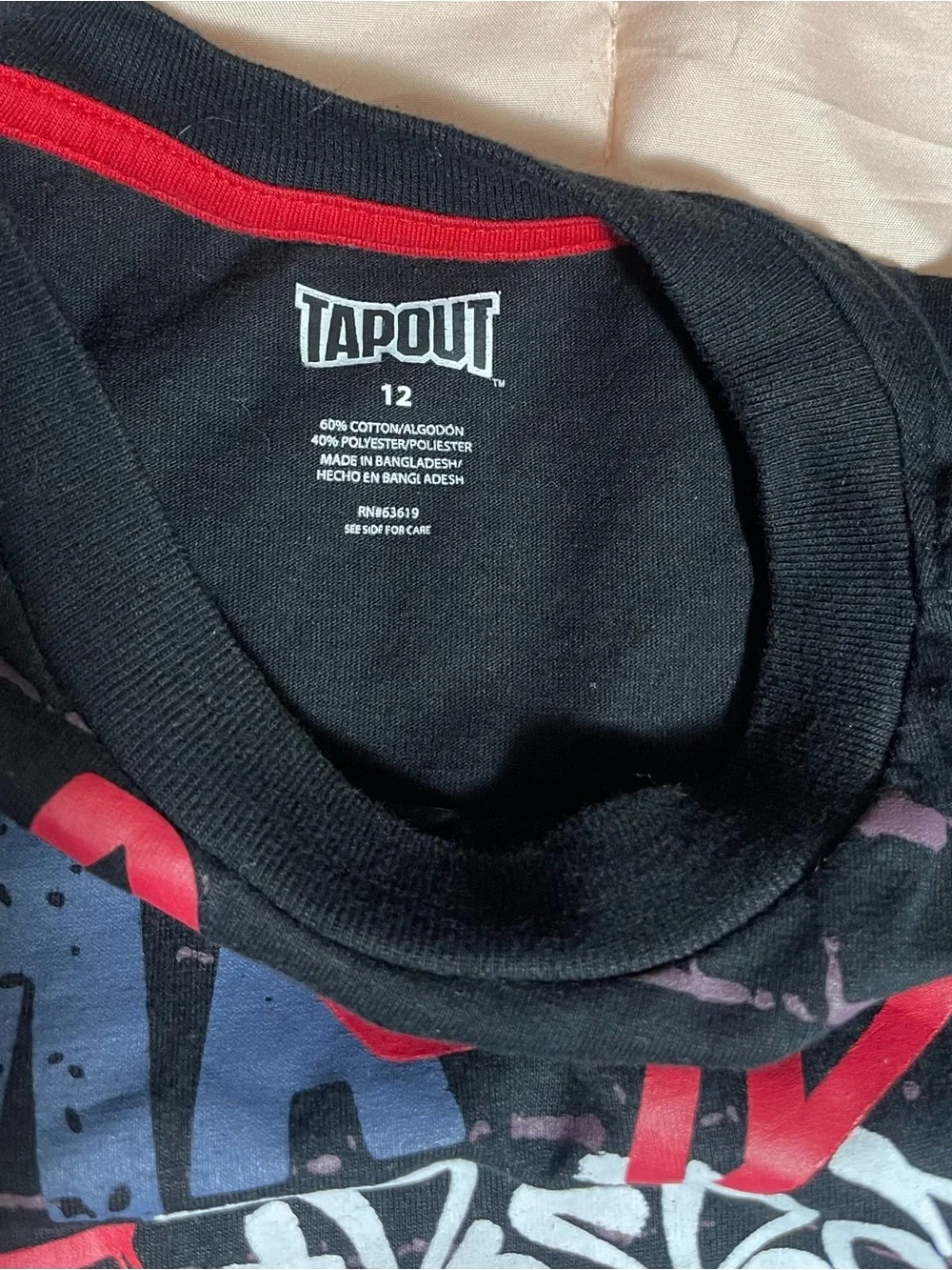 Tapout Black Tee with Gold Logo and Red & Blue Graffiti